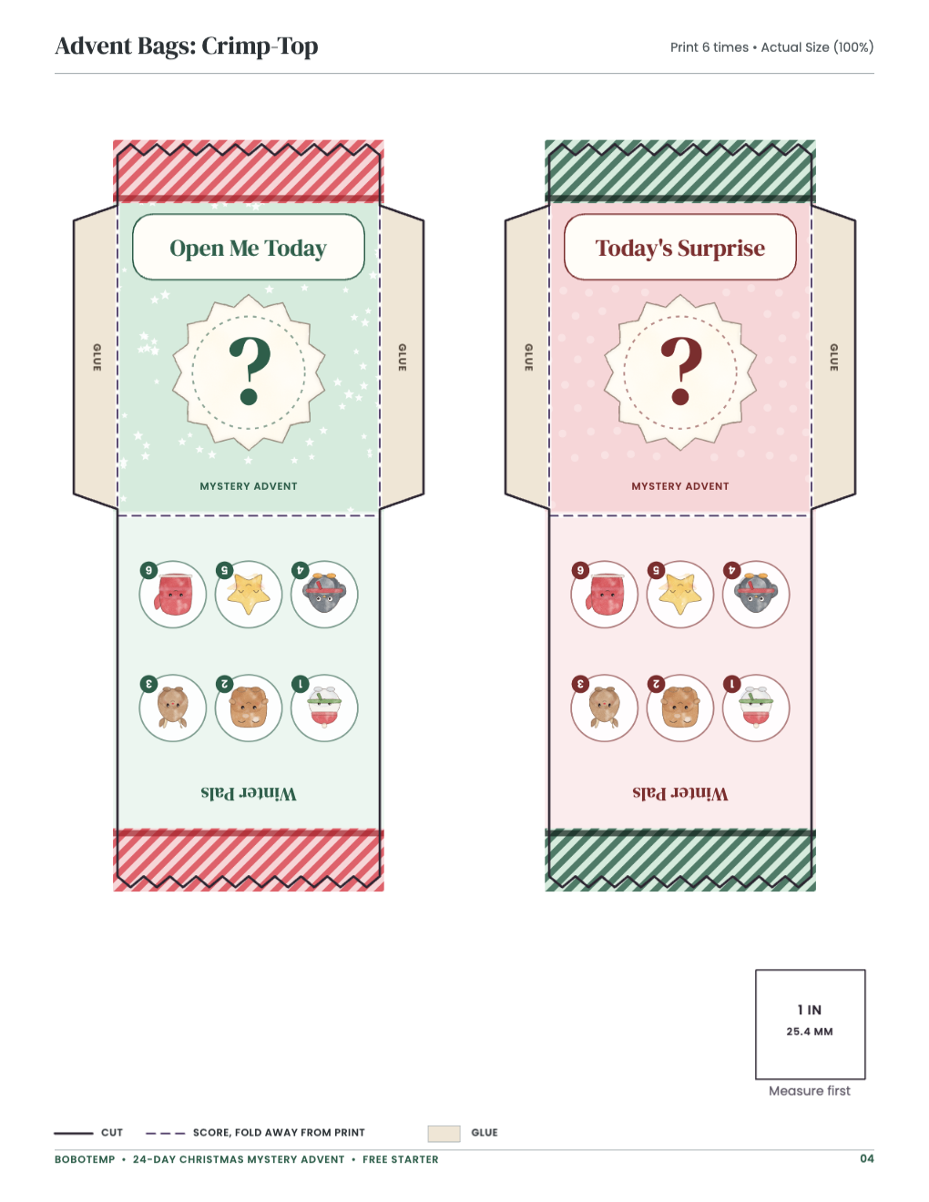 Advent Bags: Crimp-Top: bag templates with cut, score and glue lines and a 1-inch square