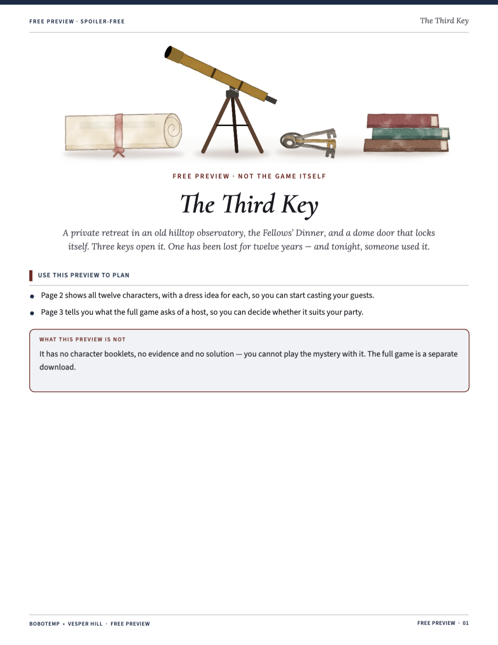 Cover of the free preview with a rolled star chart, a brass telescope on a tripod, a ring of three old keys and a stack of books