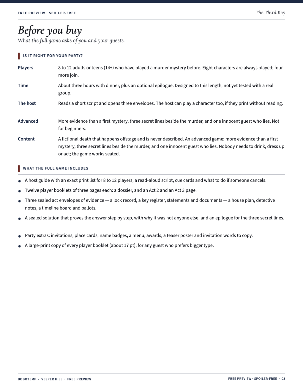 Planning page: players, time, the host’s role and what the full game includes