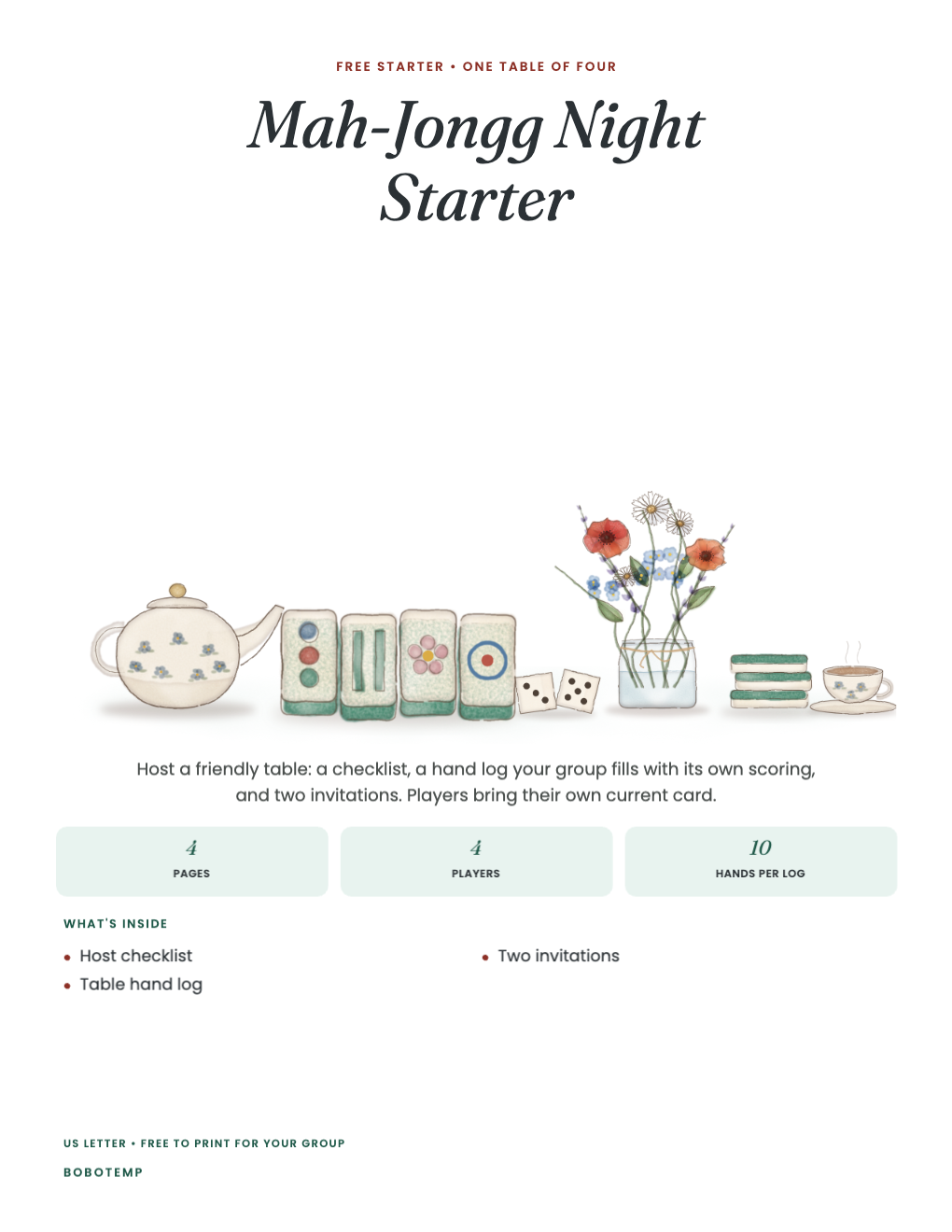 Mah-jongg night starter cover with a painted teapot, tiles, dice, a jar of wildflowers, a tile stack and a teacup
