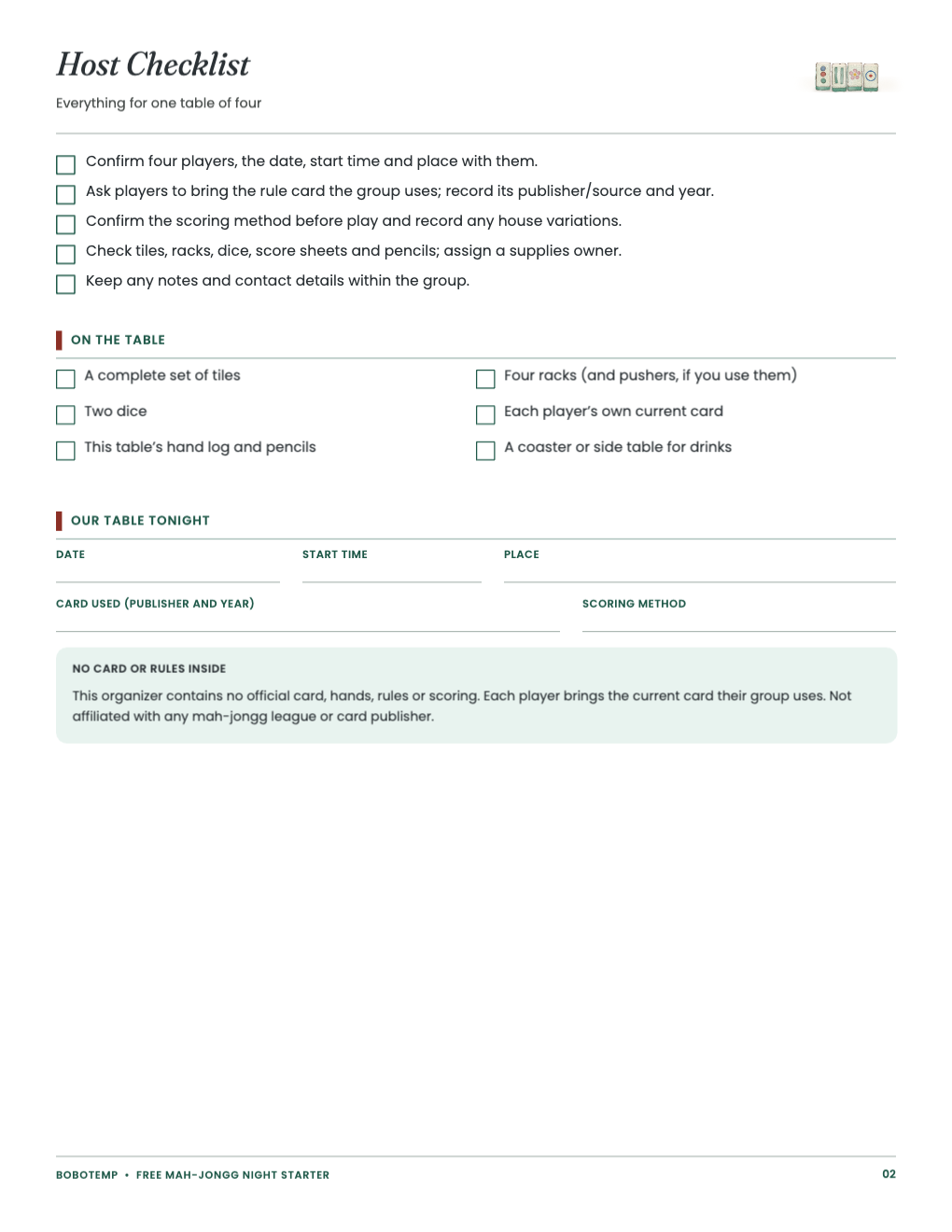 Host checklist for one table with supplies and a no-card notice