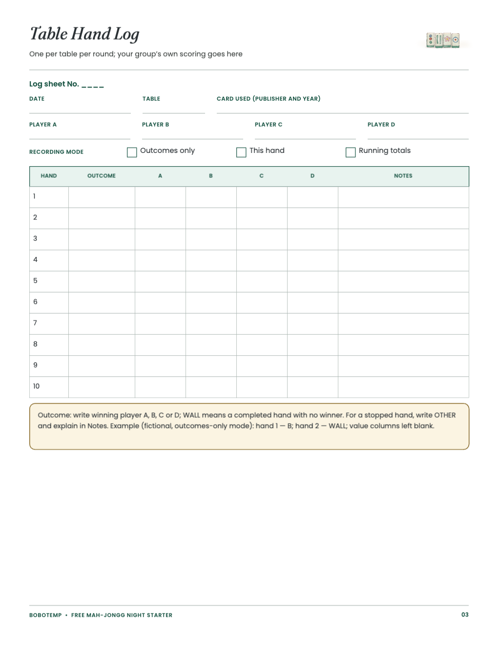 Table hand log with recording modes and outcome legend