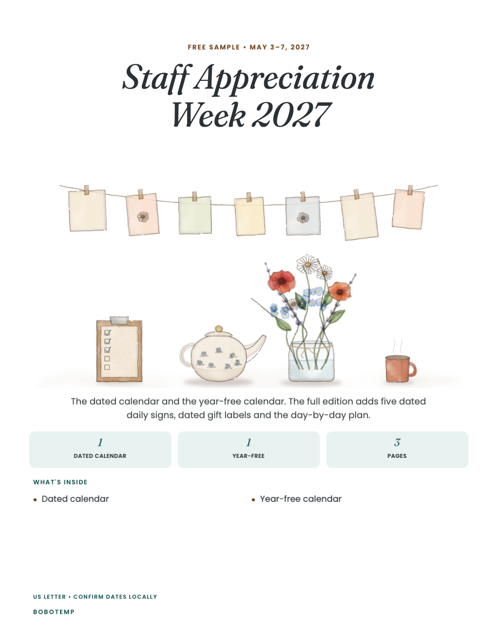 Staff Appreciation Week 2027 sampler cover with painted pinned notes, a teapot, flowers and a mug