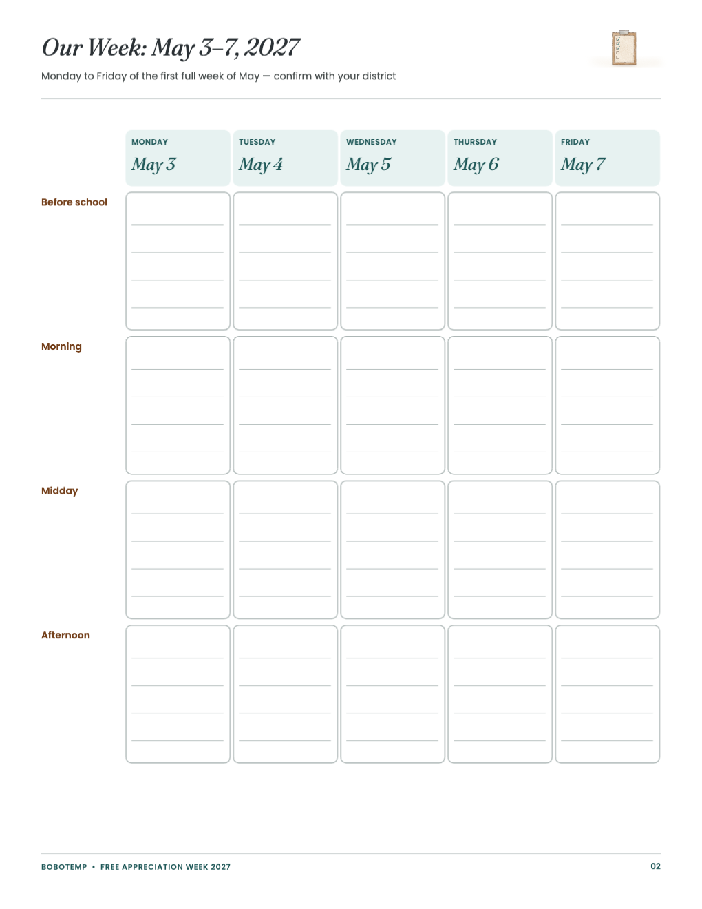 Dated calendar for May 3–7, 2027 with four slots a day