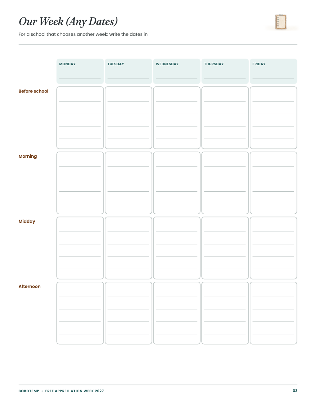 Year-free calendar with write-in dates and four slots a day