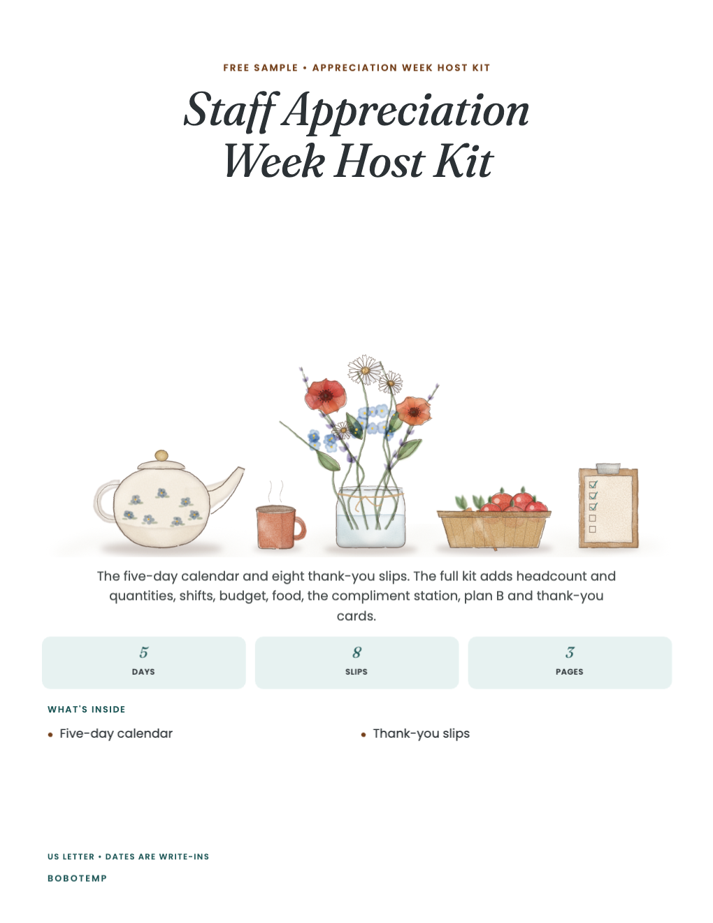 Staff Appreciation Week Host Kit sampler cover with a painted teapot, a mug, flowers and a clipboard