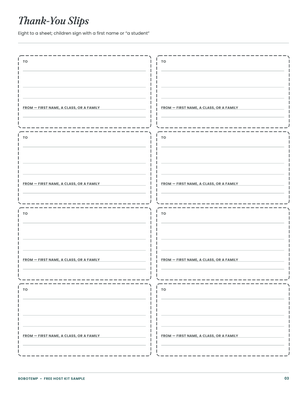 Thank-you slips, eight per sheet, with To and From lines