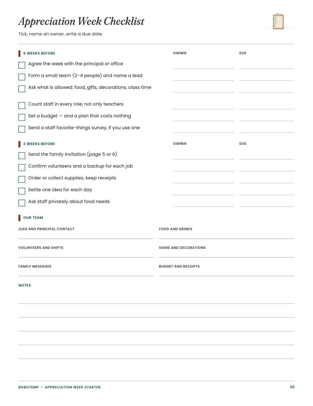 Checklist from six weeks to two weeks before, with owner and due columns