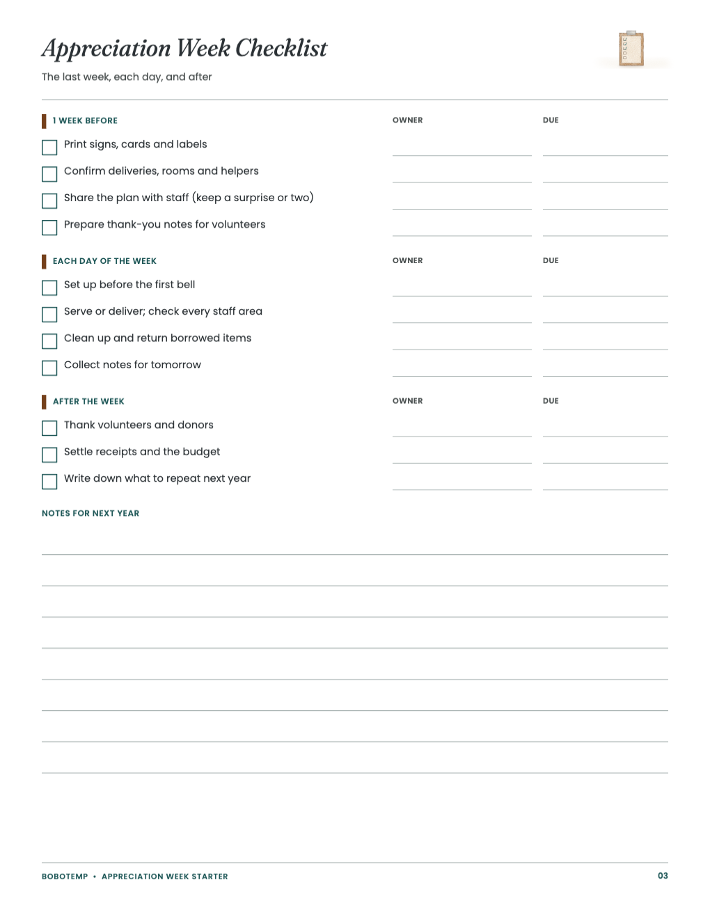 Checklist for the last week, each day and after