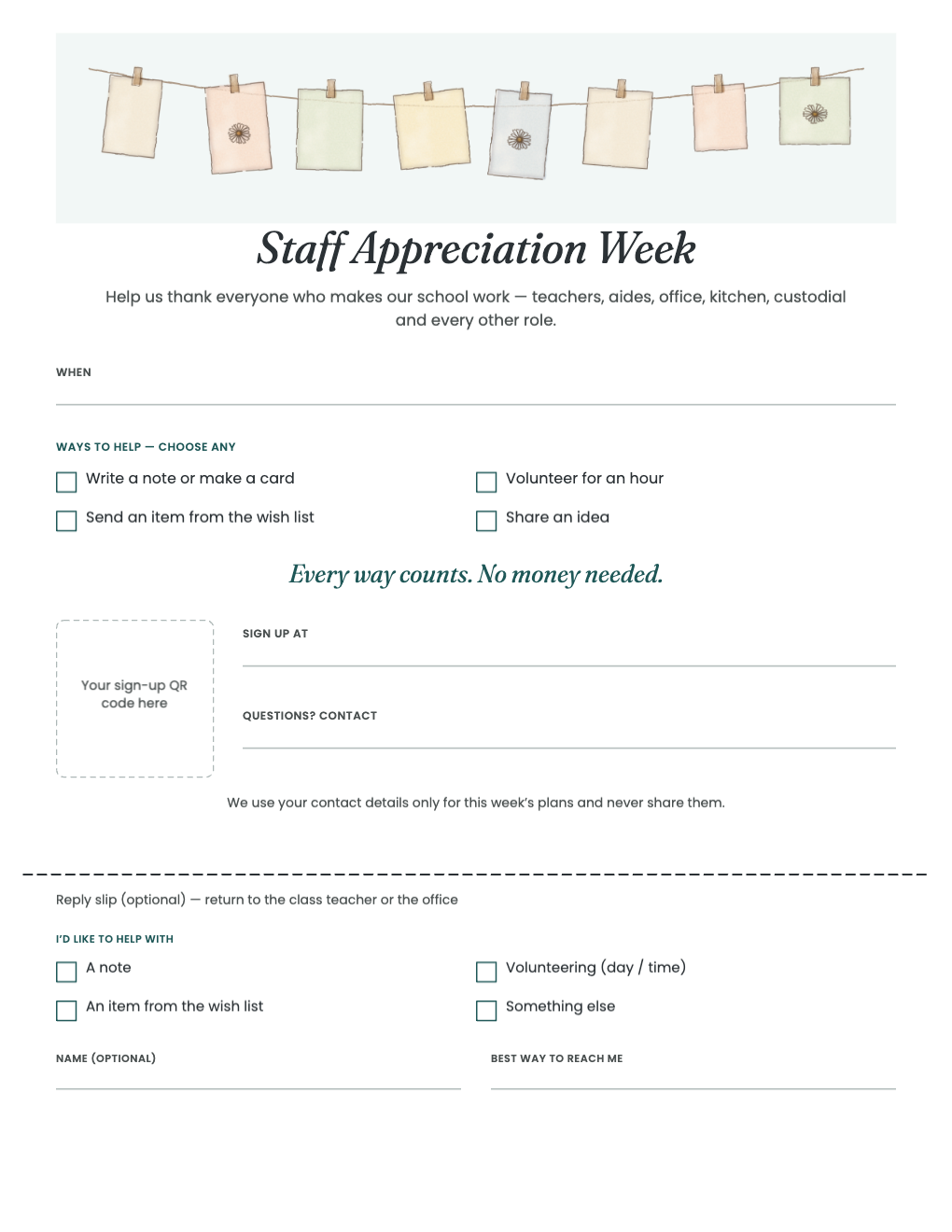 Full-page family flyer with ways to help and a reply slip