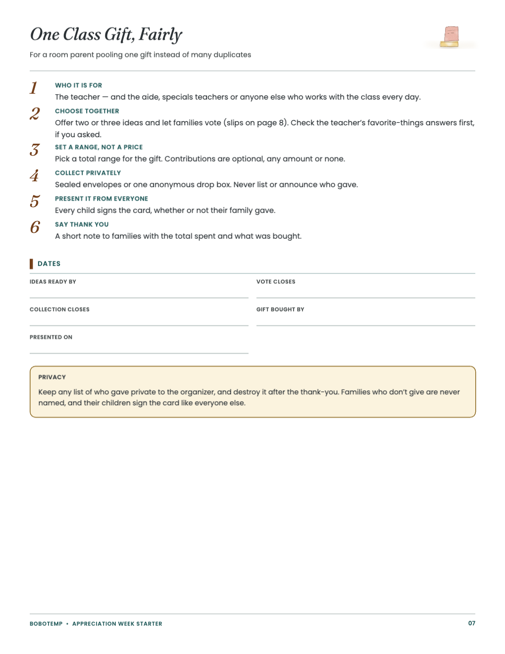One Class Gift, Fairly: six steps and key dates