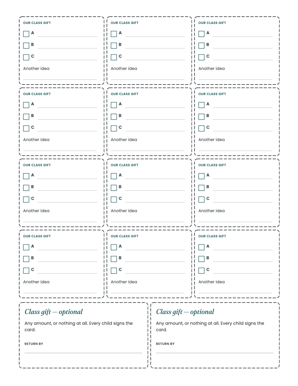 Class gift vote slips, twelve per sheet