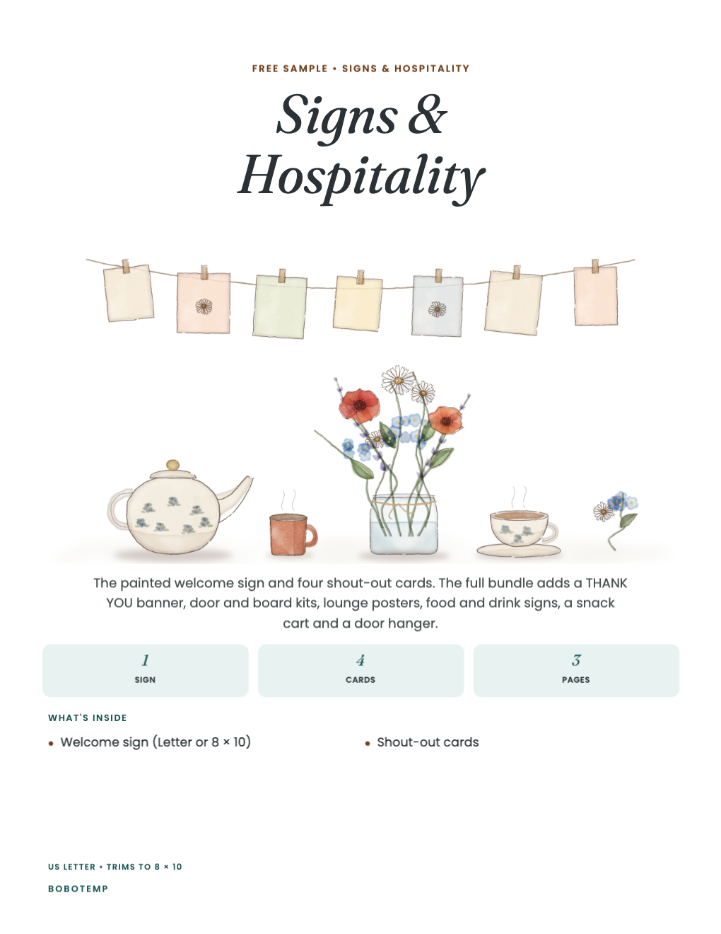 Signs & Hospitality sampler cover with painted pinned notes, a teapot and flowers