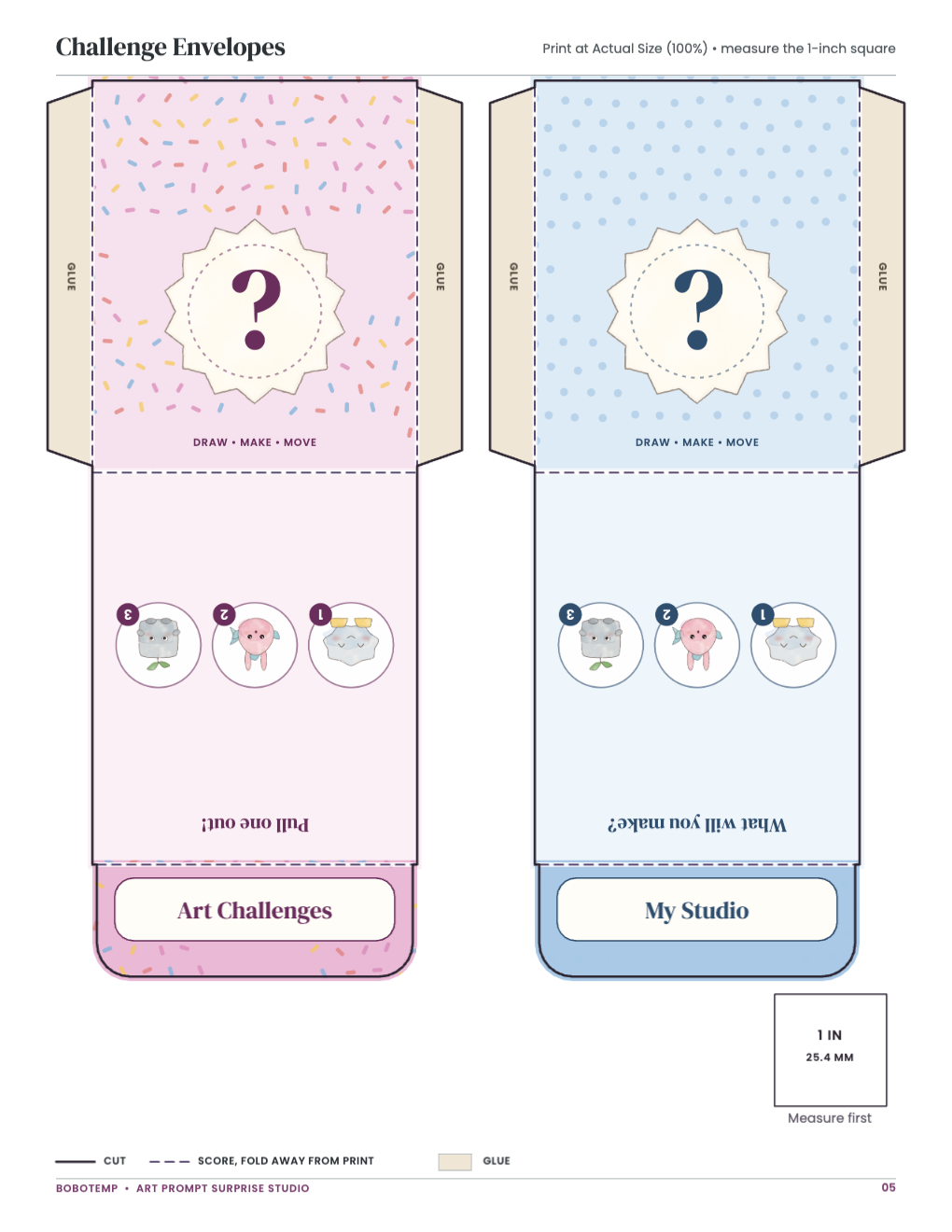 Challenge Envelopes: bag templates with cut, score and glue lines and a 1-inch square
