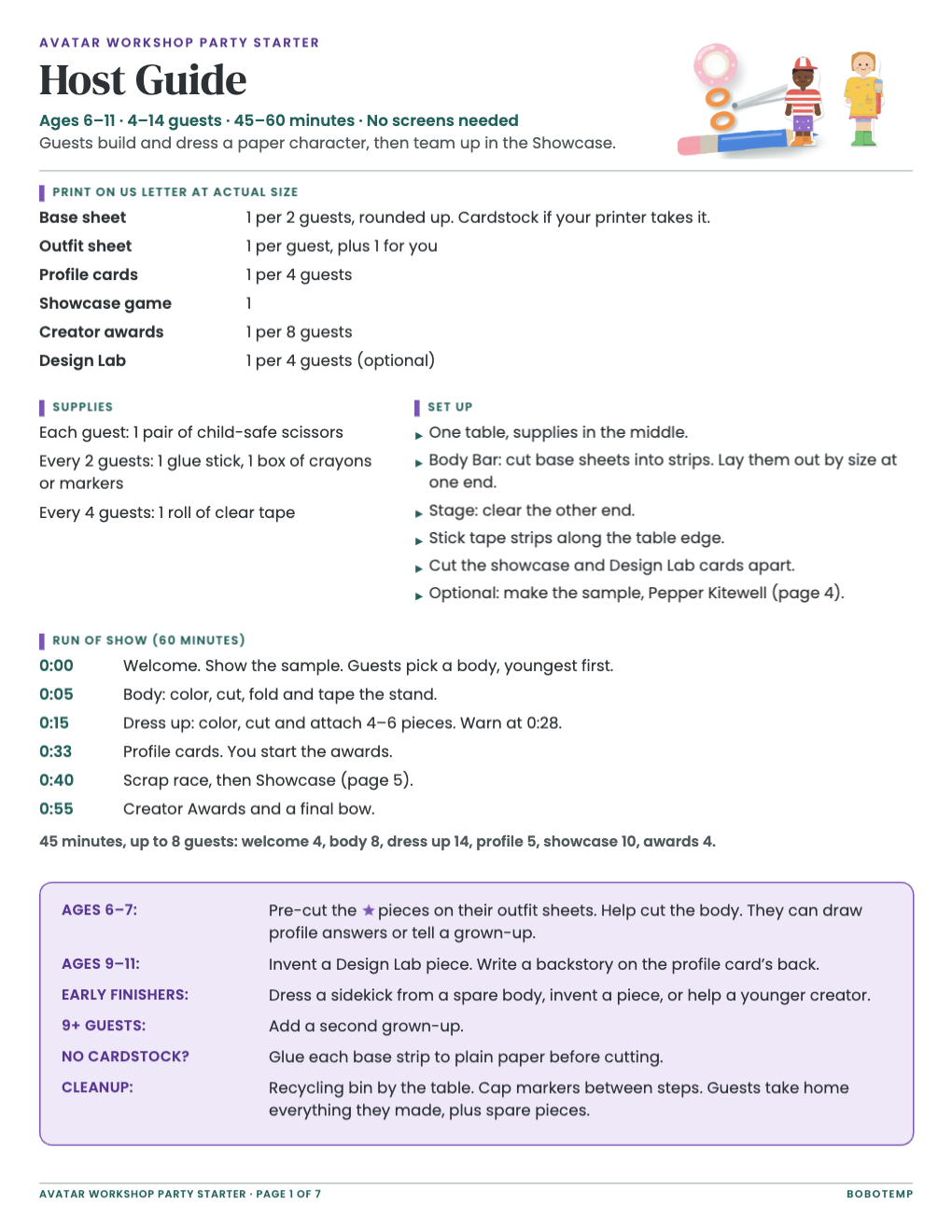 Host Guide: print counts, supplies, set-up, a 60-minute run of show and tips for younger and older guests