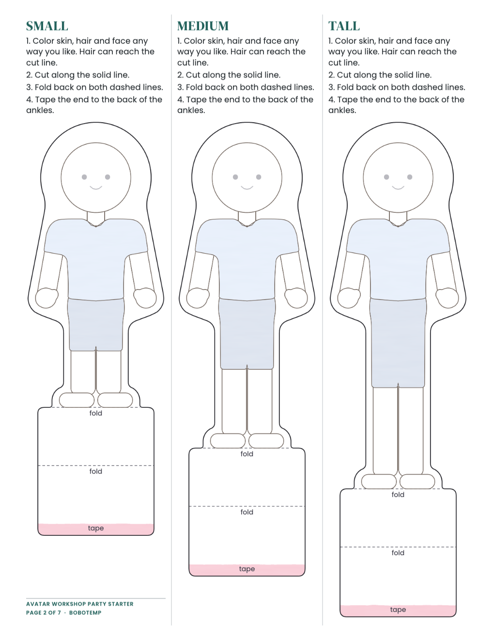 Character base sheet: Small, Medium and Tall paper character bodies with fold-back stands