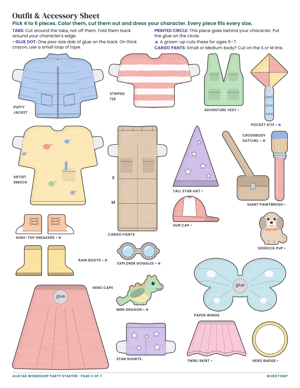 Outfit and accessory sheet: 20 colorable pieces with tabs, glue marks and star marks