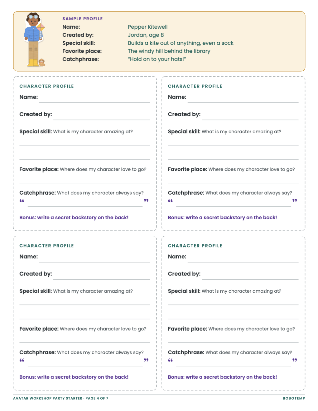 Character profile cards: a filled-in sample for Pepper Kitewell above four blank cards
