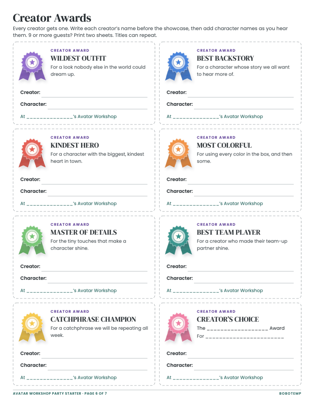 Eight Creator Award cards, each with a paper rosette