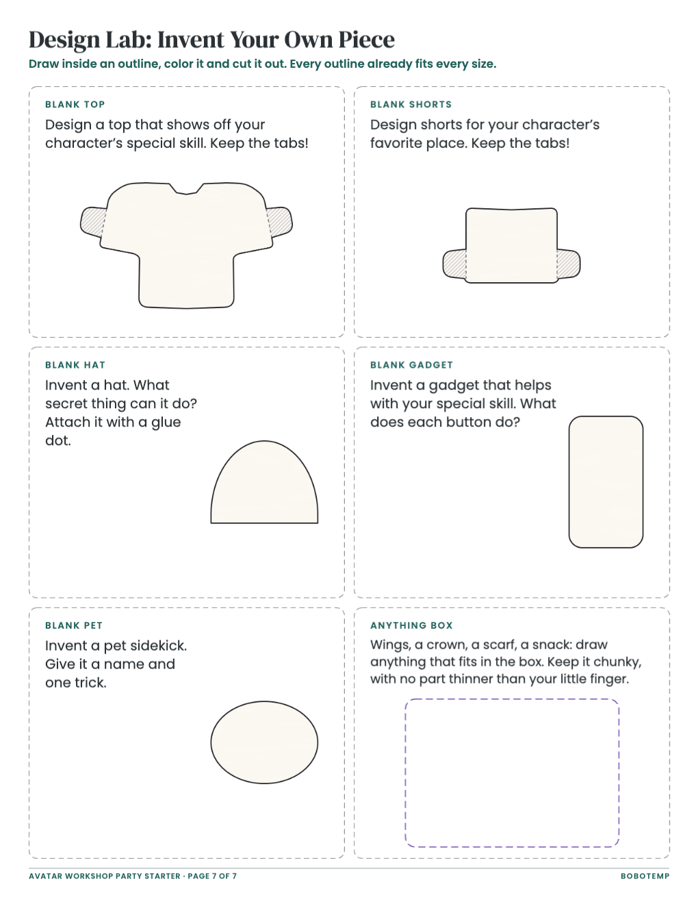 Optional Design Lab: six blank outlines for inventing a new piece