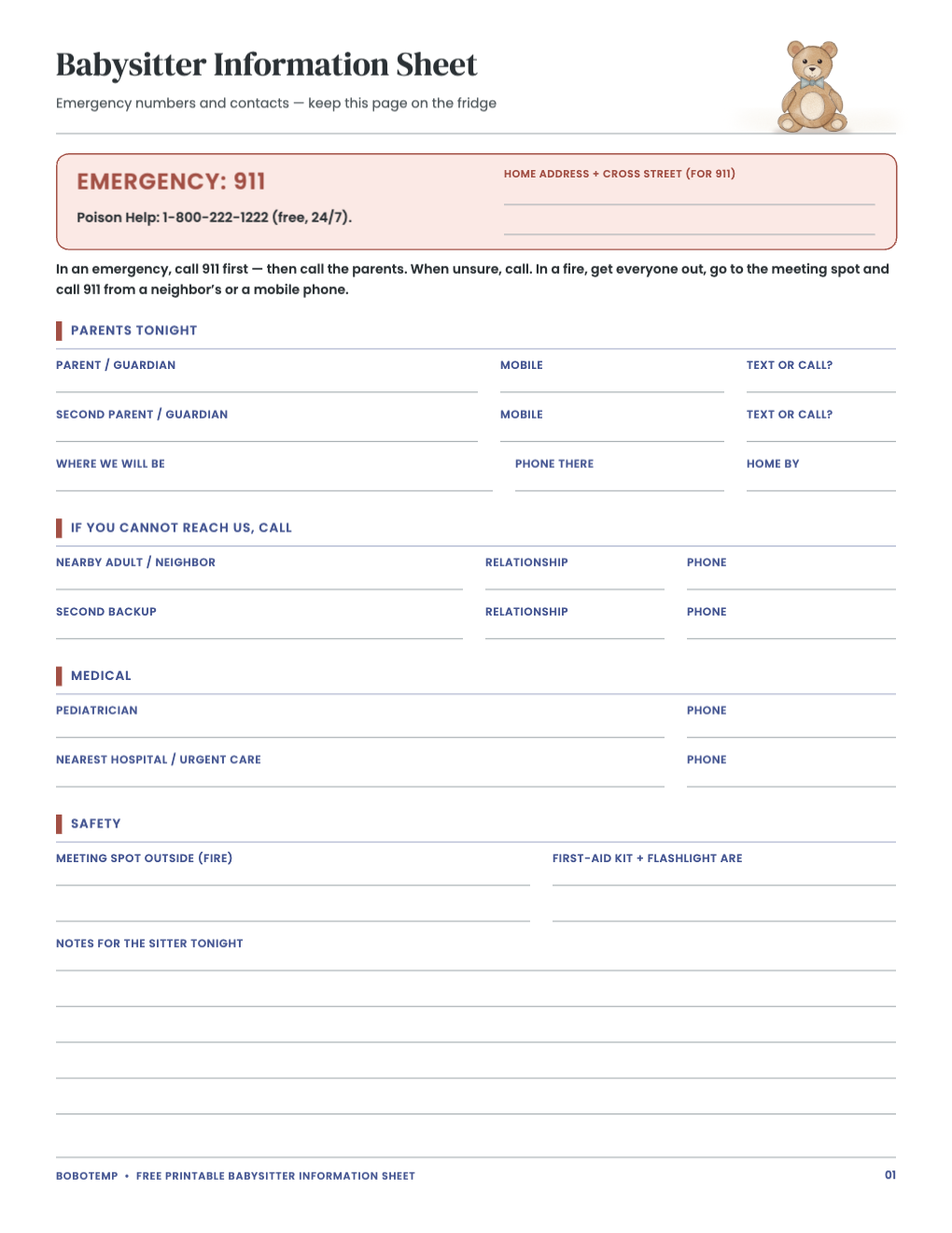 Babysitter quick-reference and child information pages