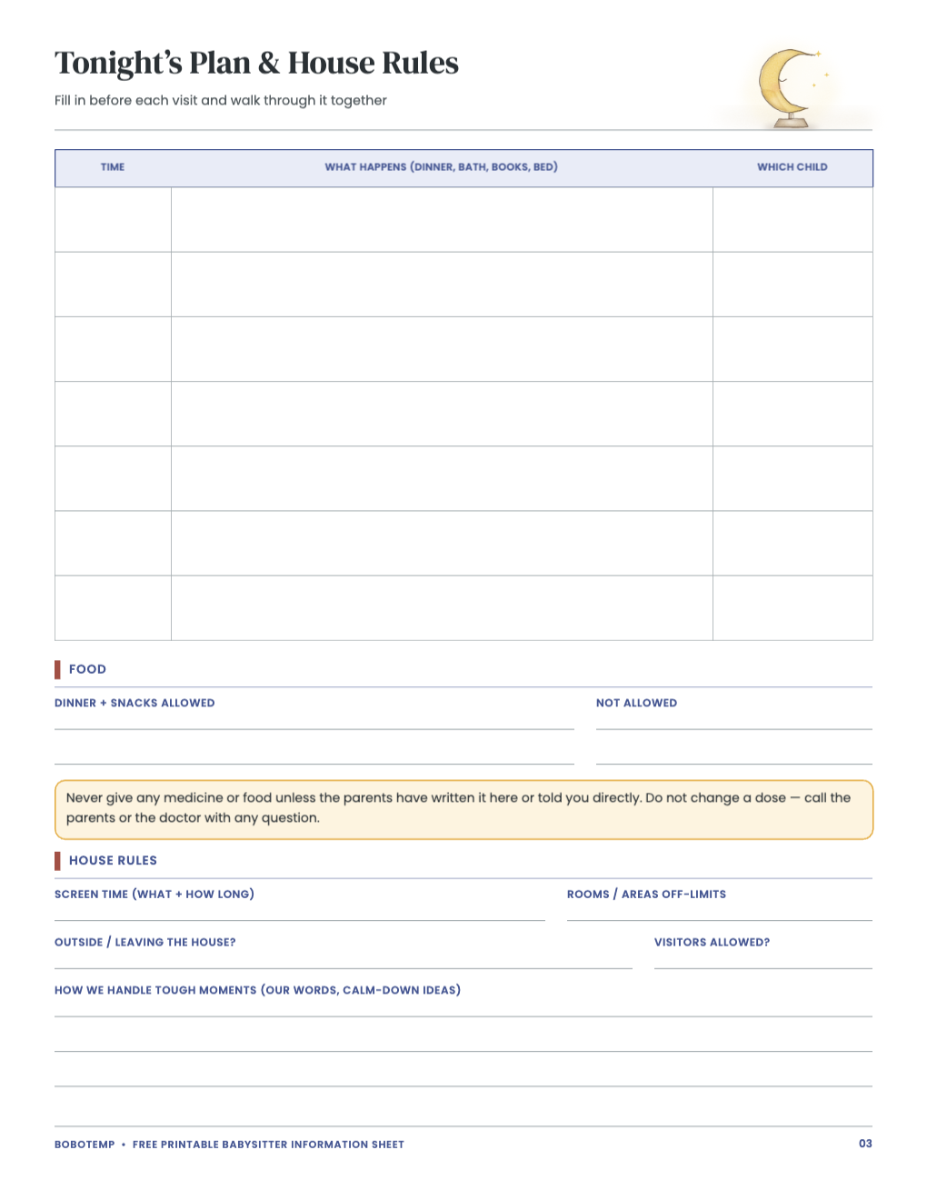 Child routine, meals and bedtime details