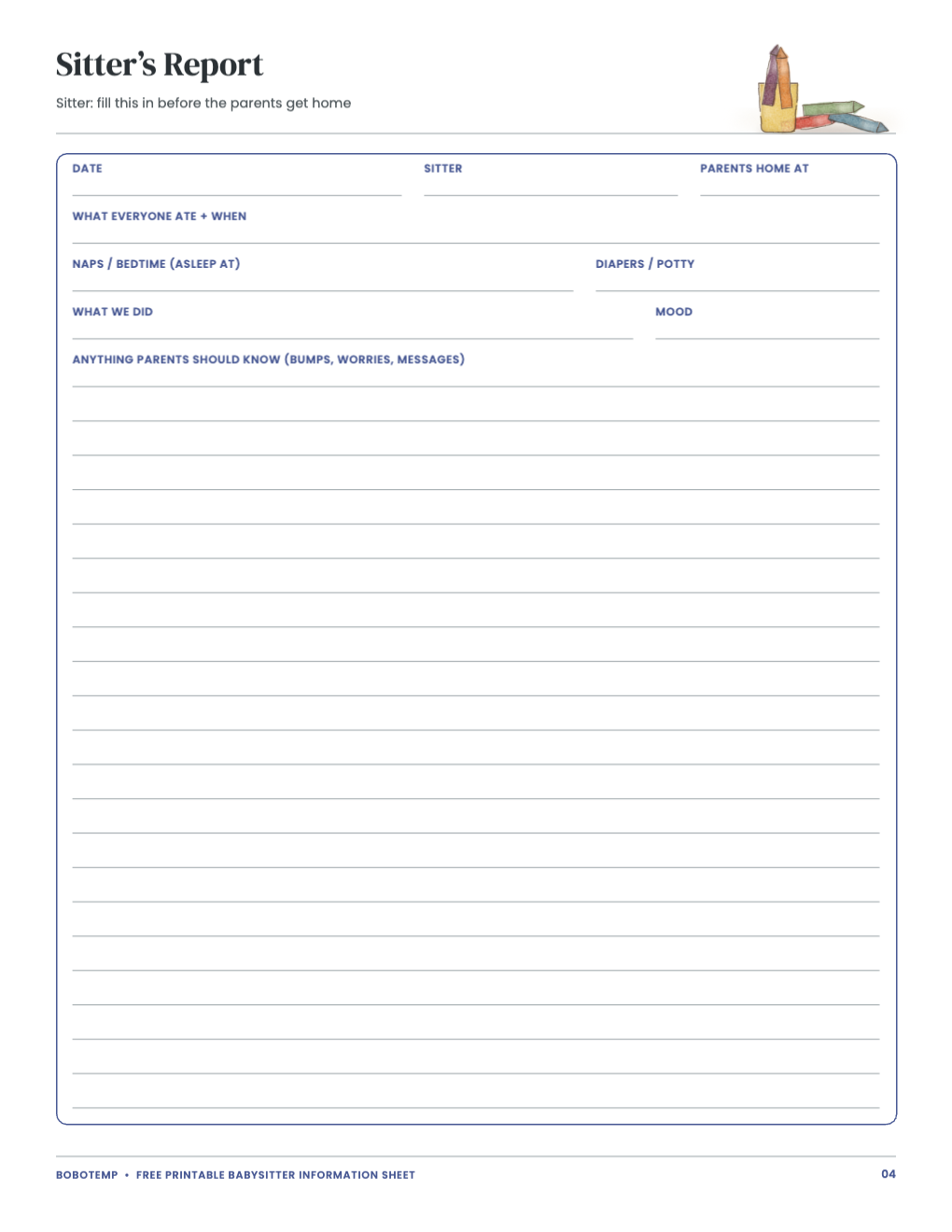 Visit plan and sitter notes