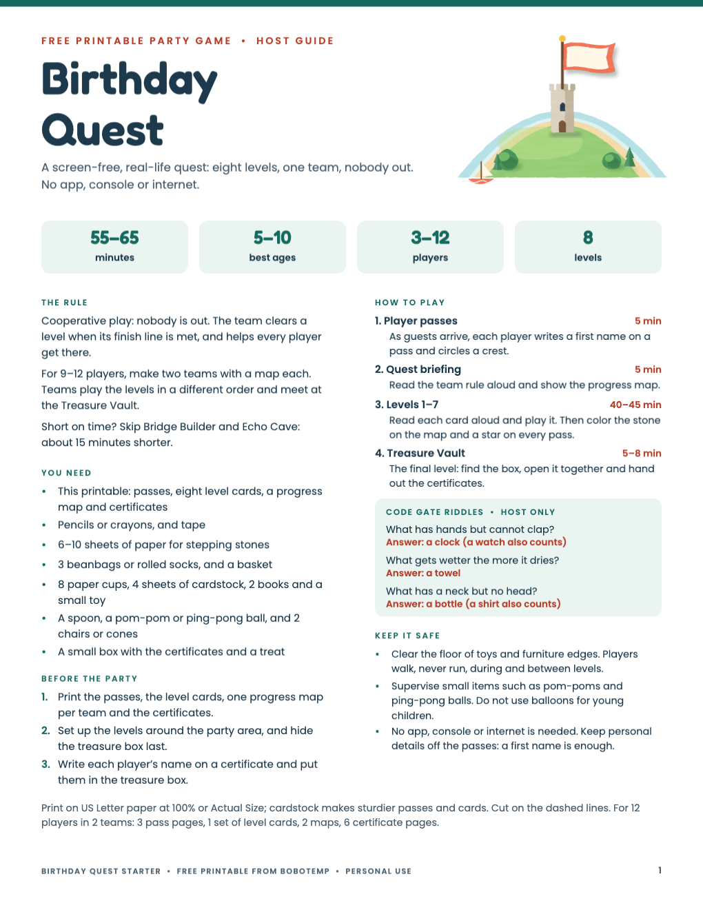 Host guide for the screen-free Birthday Quest party game