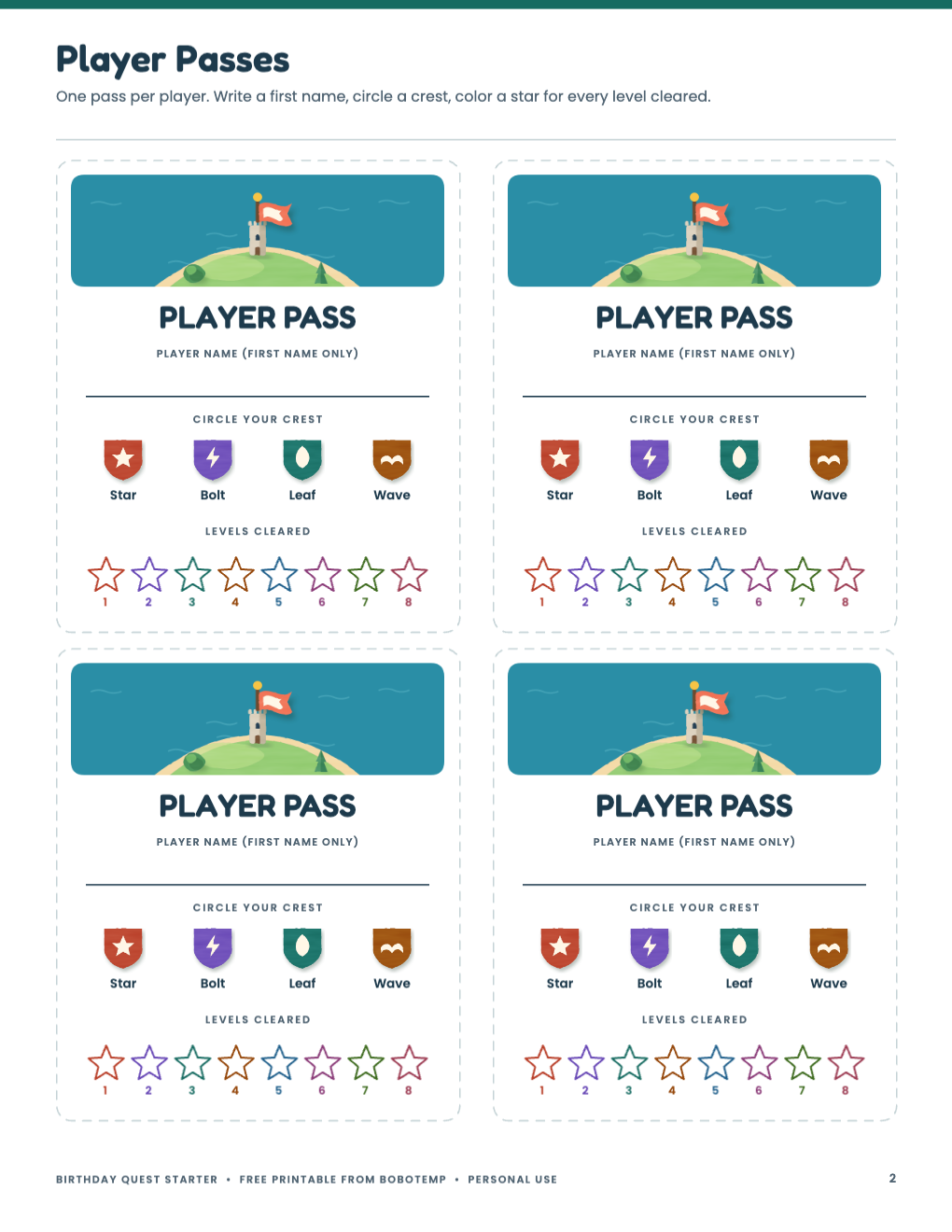 Printable Birthday Quest player passes