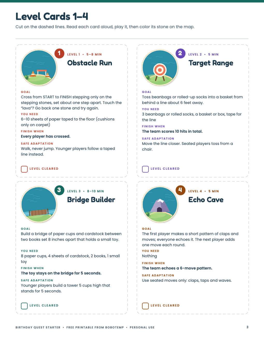 Birthday Quest printable level cards one through four