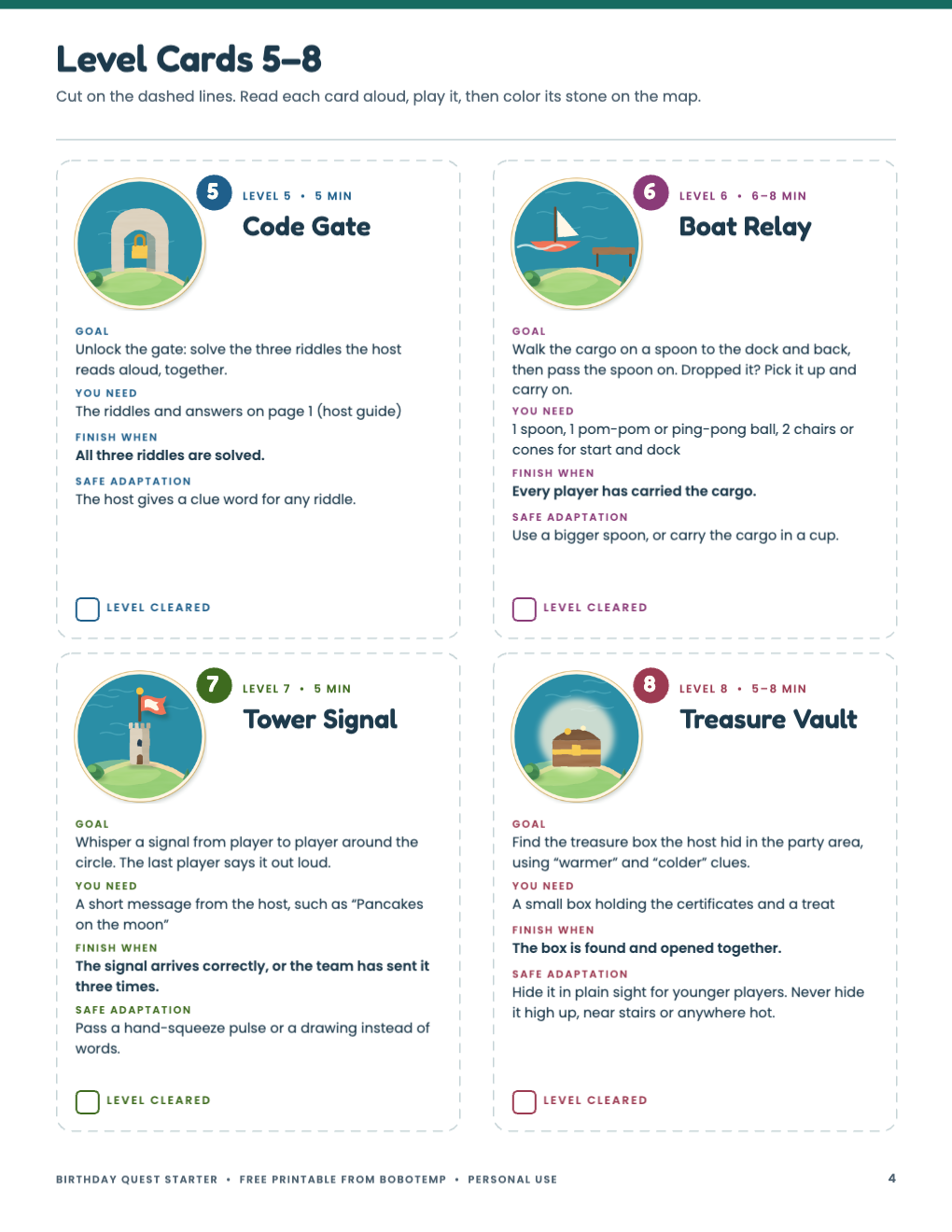Birthday Quest printable level cards five through eight