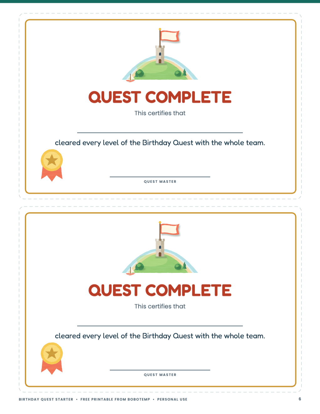 Printable Birthday Quest completion certificates