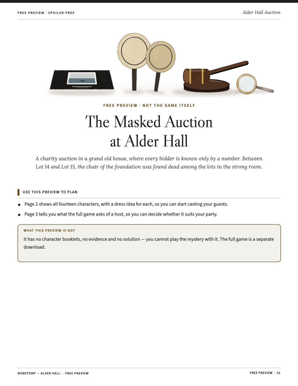 Cover of the free preview with a black catalog, two bidding paddles, an auctioneer’s gavel and a loupe