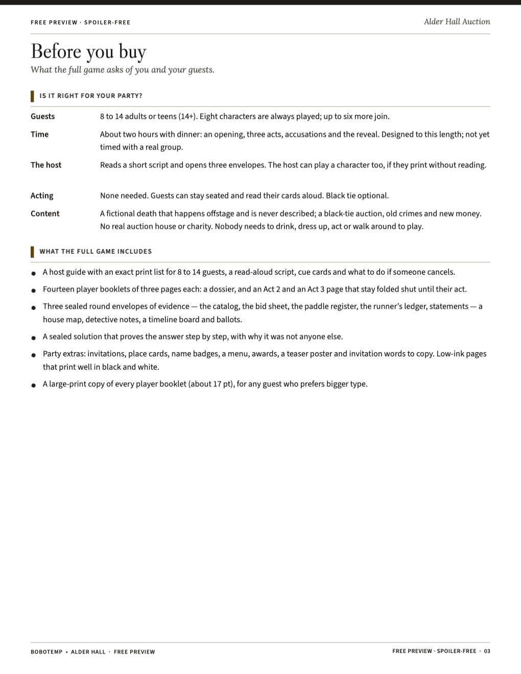 Planning page: guests, time, the host’s role and what the full game includes