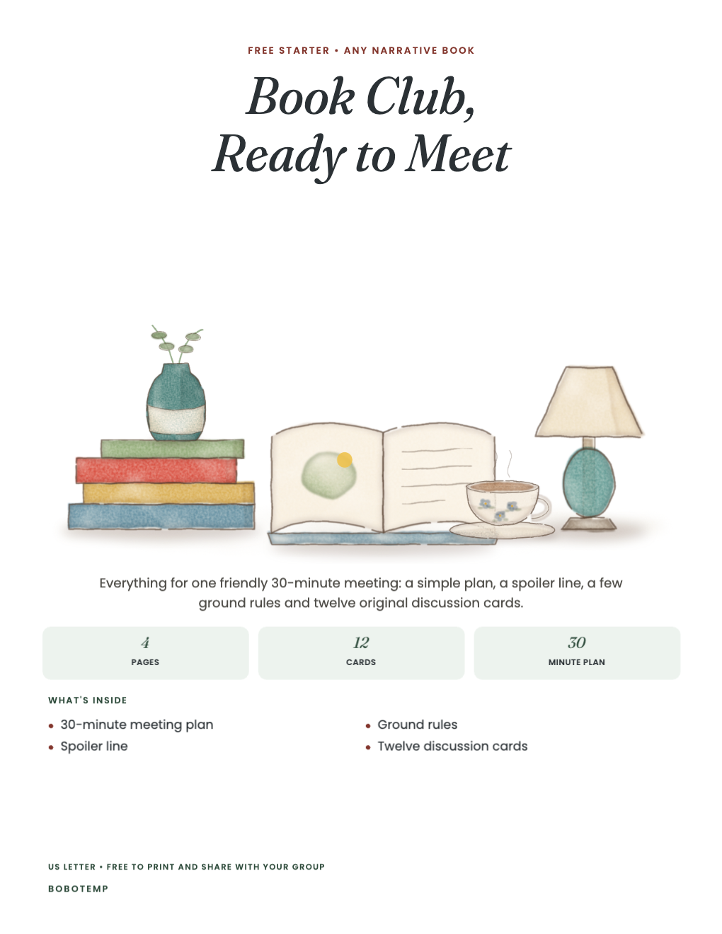 Book club starter cover with a painted still life of books, an open book, tea and a lamp