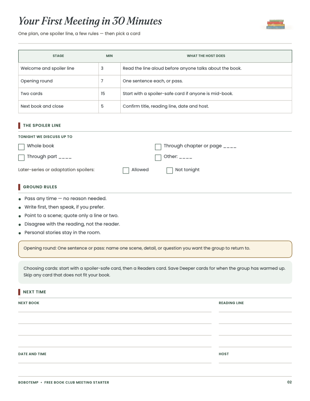 30-minute meeting plan with a spoiler line selector, ground rules and next-meeting fields