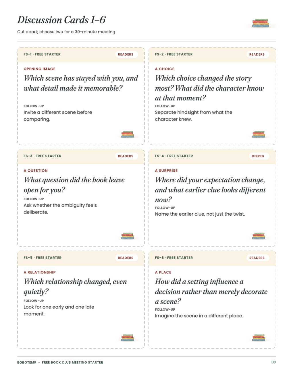 Discussion cards 1 to 6 with codes, depth tags and follow-up questions