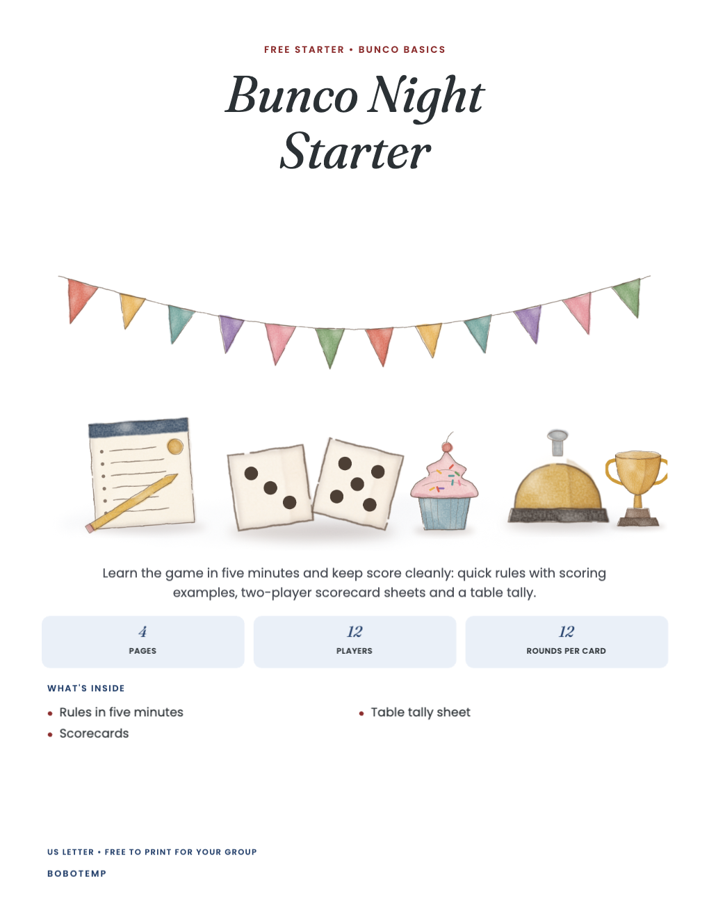 Bunco starter cover with painted bunting over dice, a scorecard, a cupcake, a desk bell and a trophy