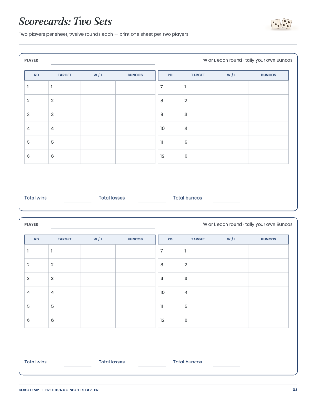 Two Bunco scorecards for twelve rounds on one sheet