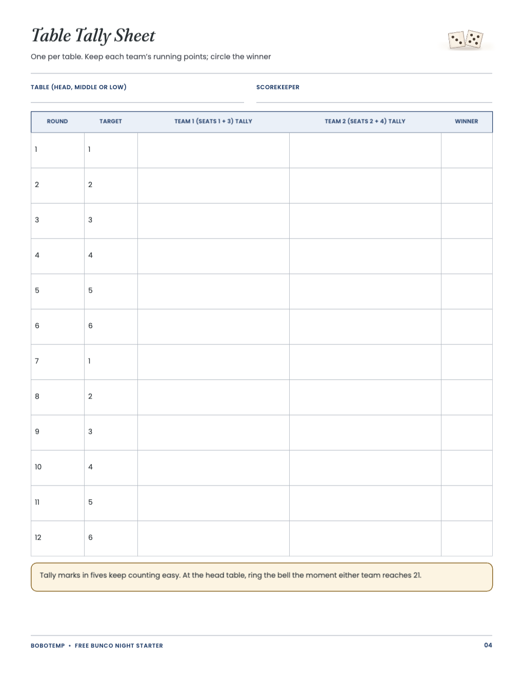 Table tally sheet with twelve rounds for two teams