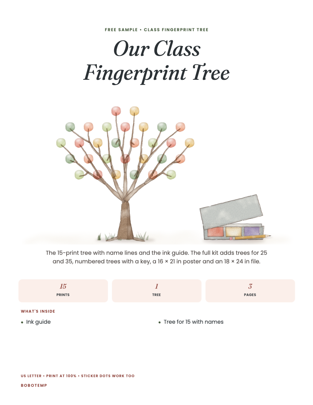 Class fingerprint tree sampler cover with a painted tree and an ink pad