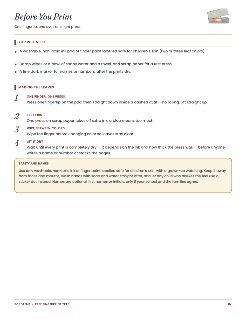 Before You Print guide: supplies, skin-safe ink, steps and no-paint options