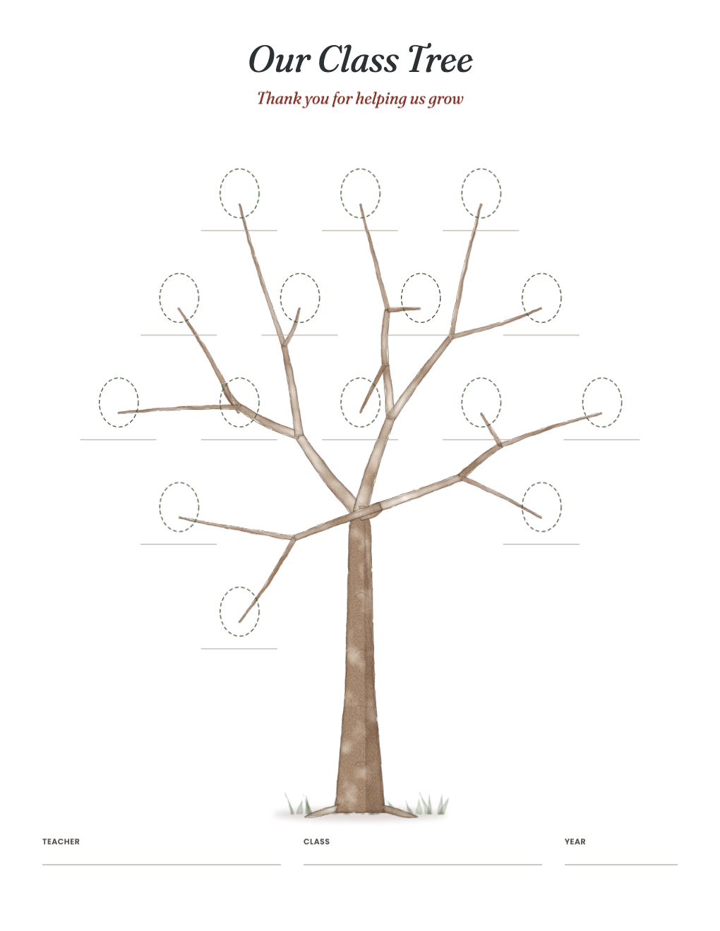 A painted tree with 15 dashed print ovals, name lines and Thank you for helping us grow