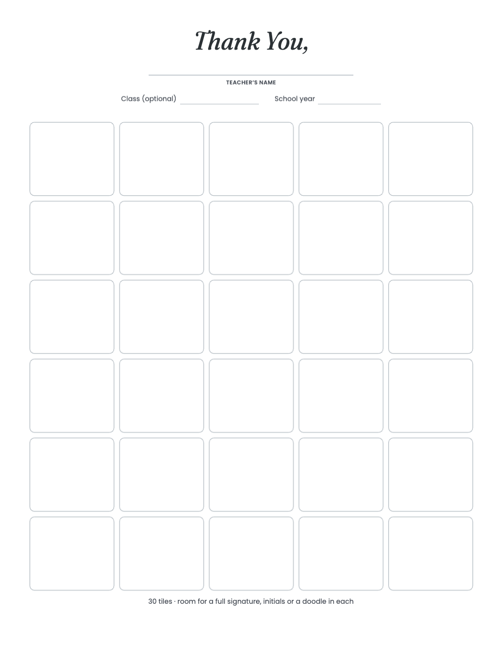 Thank-you signature poster with 30 doodle tiles and optional class and school-year lines