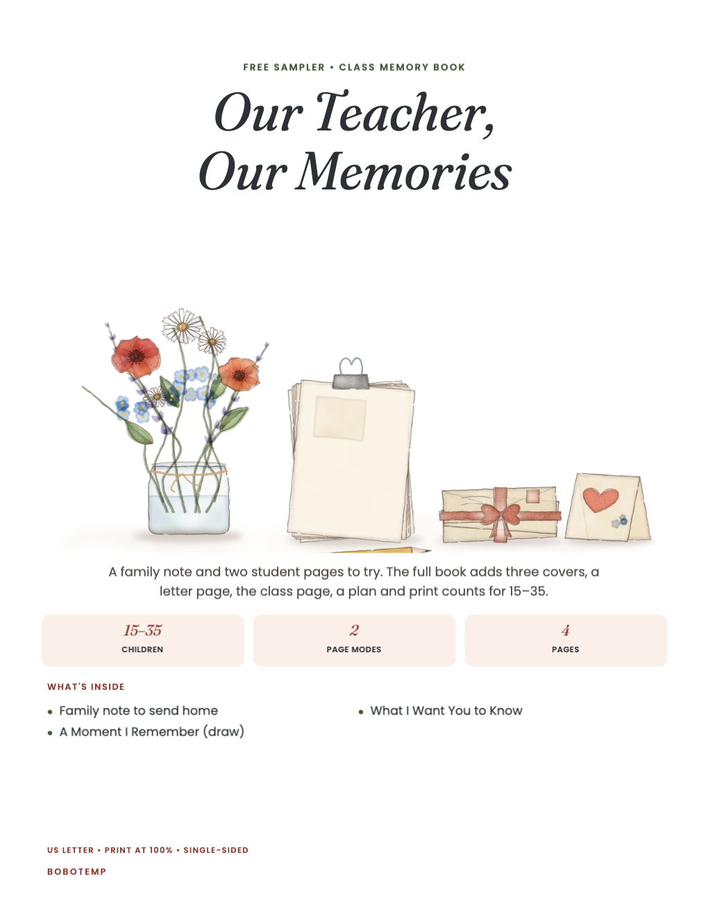 Class memory book sampler cover with a painted jar of flowers, a stack of pages and letters