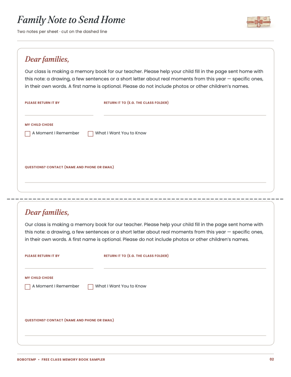 Family note to send home, two per sheet, with return and contact lines