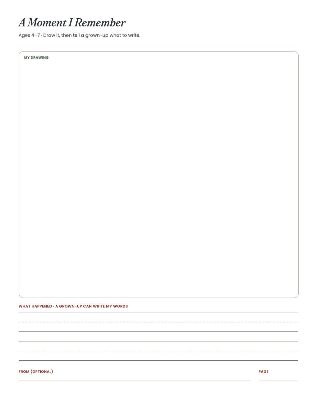 Draw-and-tell student page with a drawing box and lines a grown-up can write on