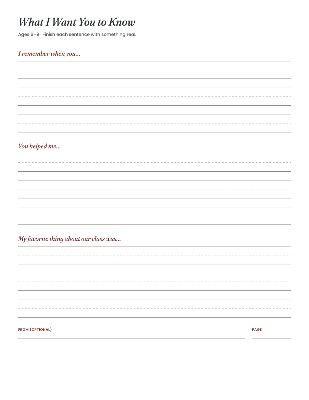 Sentence-starter student page: I remember when you, You helped me, My favorite thing about our class