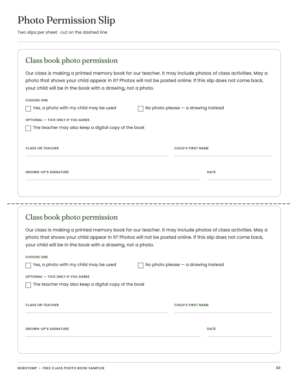 Photo permission slip, two per sheet, with choose-one boxes, class, date and a digital-copy tick