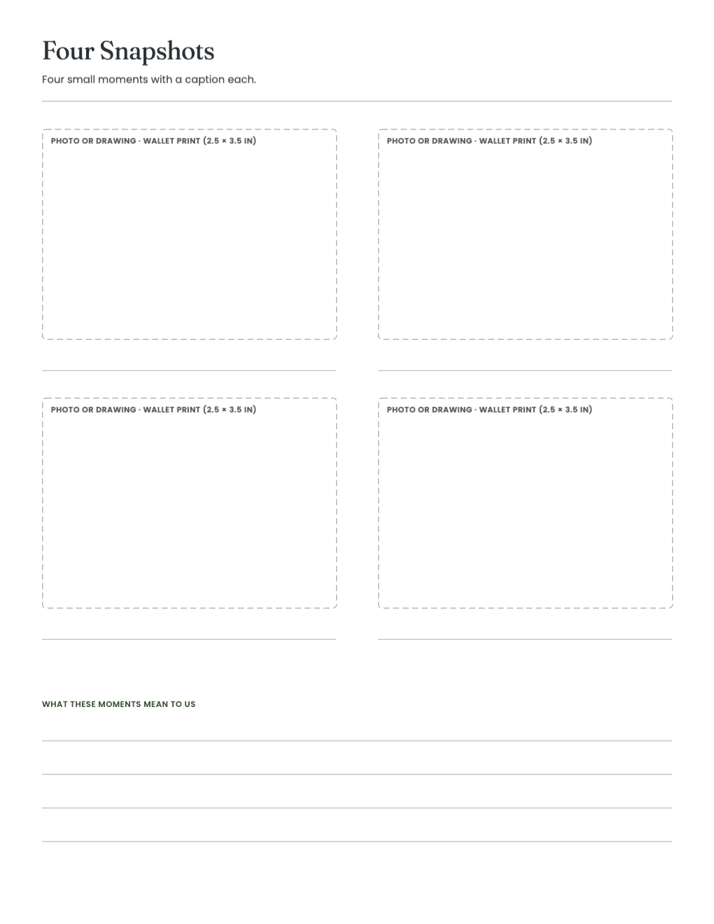Four Snapshots page with four wallet-size photo-or-drawing frames and caption lines
